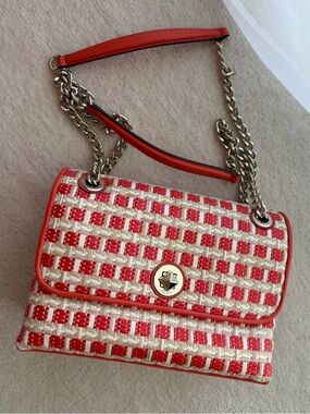BNWT Kate Spade Natalia Orange Red & Cream Woven Chain Shoulder Bag Straw Flap